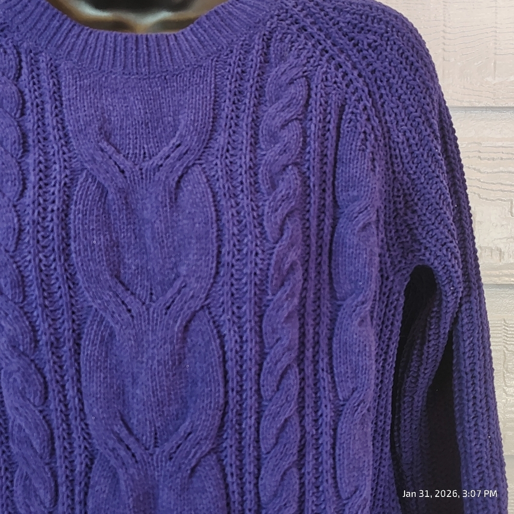J. Jill Chenille Sweater Womens Small Purple Cable Knit Pullover Fisherman Style - Picture 2 of 9